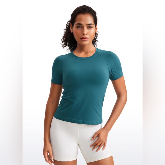 CRZ YOGA Tops - Seamless Crewneck Short Sleeve Shirts Waist Length